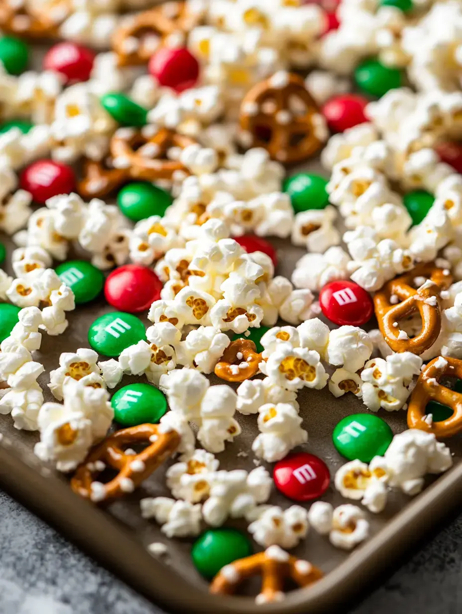 A tray of popcorn mixed with pretzels and red and green M&M's.