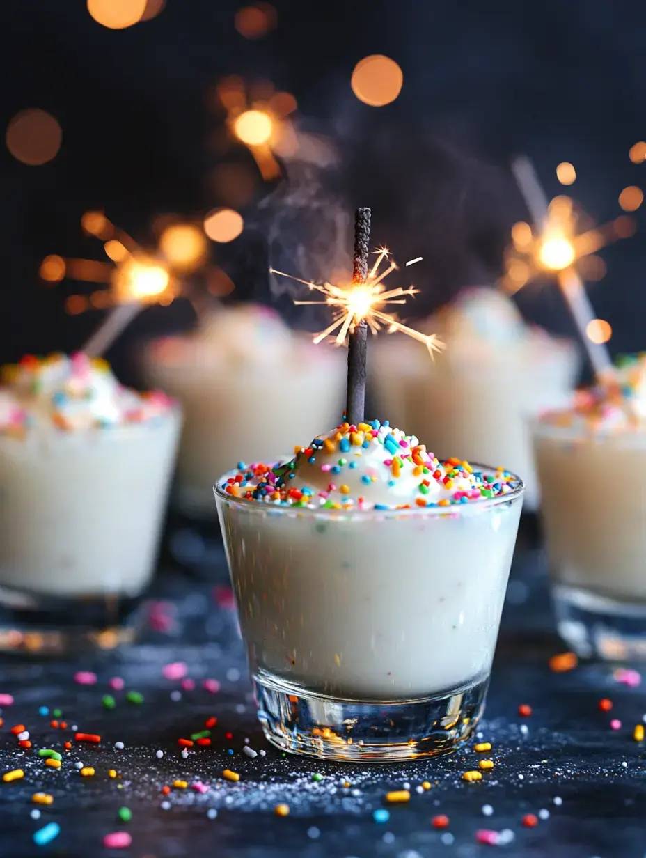 A dessert shot with colorful sprinkles and a sparkler on top, surrounded by additional similar servings and a dark, festive background.