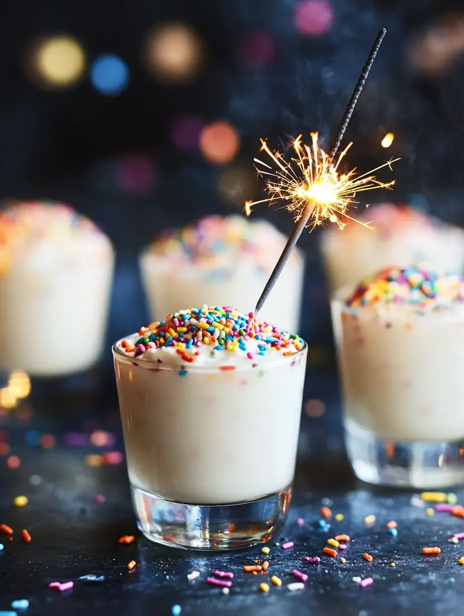 A close-up of a dessert shot topped with colorful sprinkles and a sparkler, set against a blurred bokeh background.