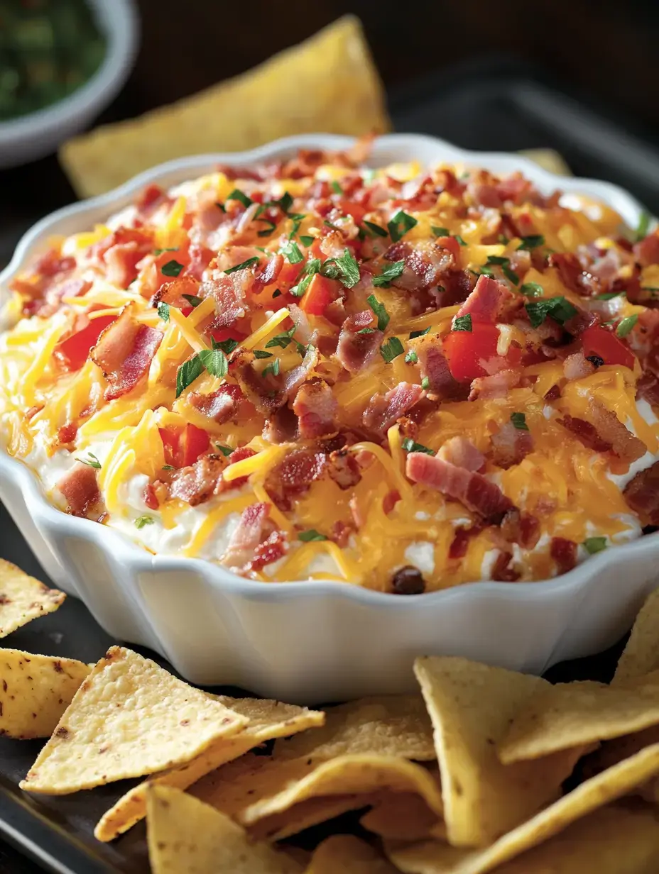 A creamy dip topped with cheese, bacon, and diced tomatoes, served with tortilla chips on the side.