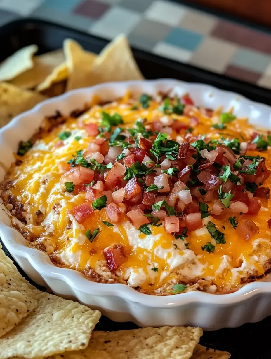 A bowl of cheesy dip topped with diced tomatoes and green onions, served alongside crispy tortilla chips.