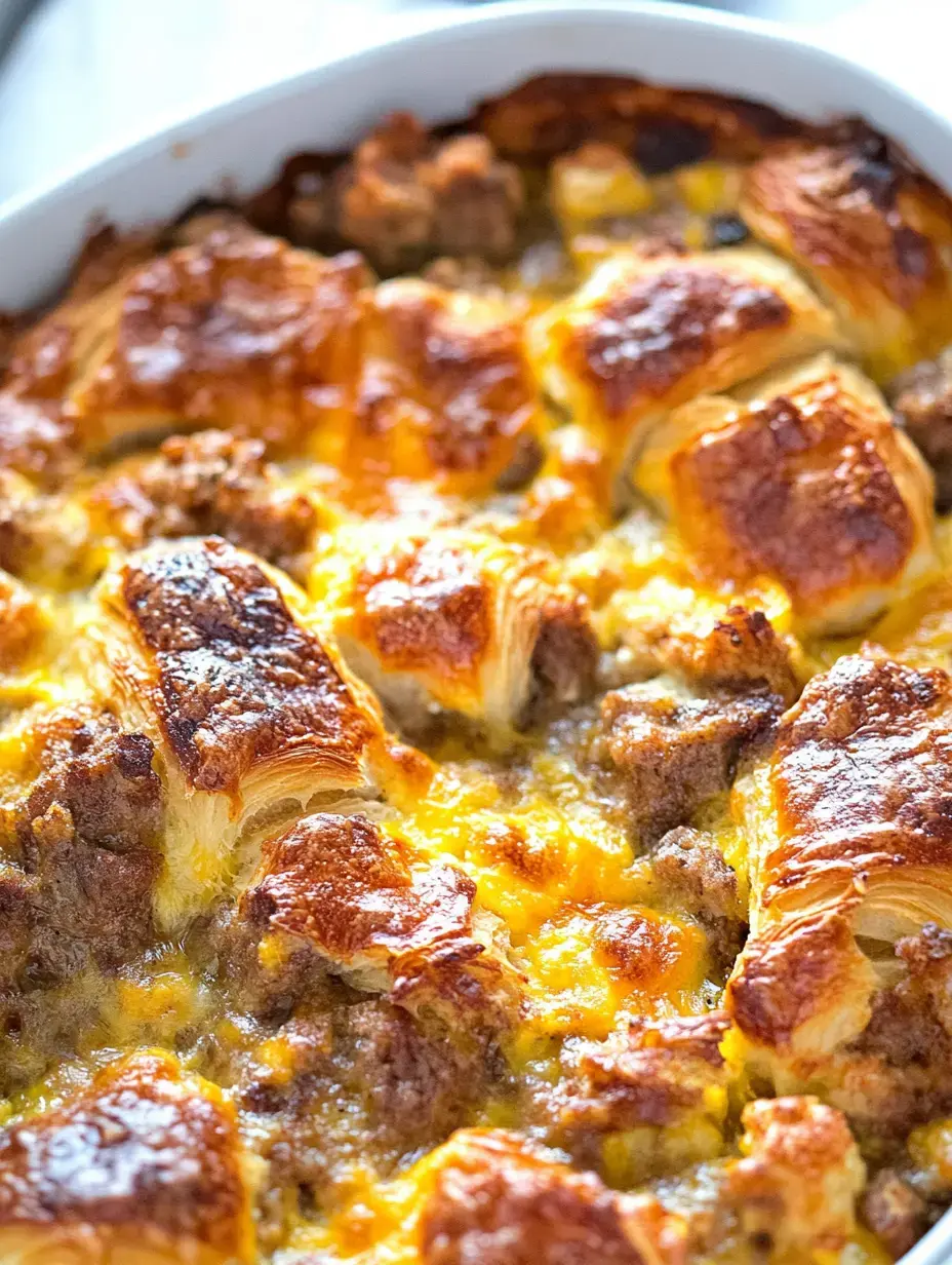 A golden-brown baked dish featuring layered croissant pieces, sausage, and melted cheese.