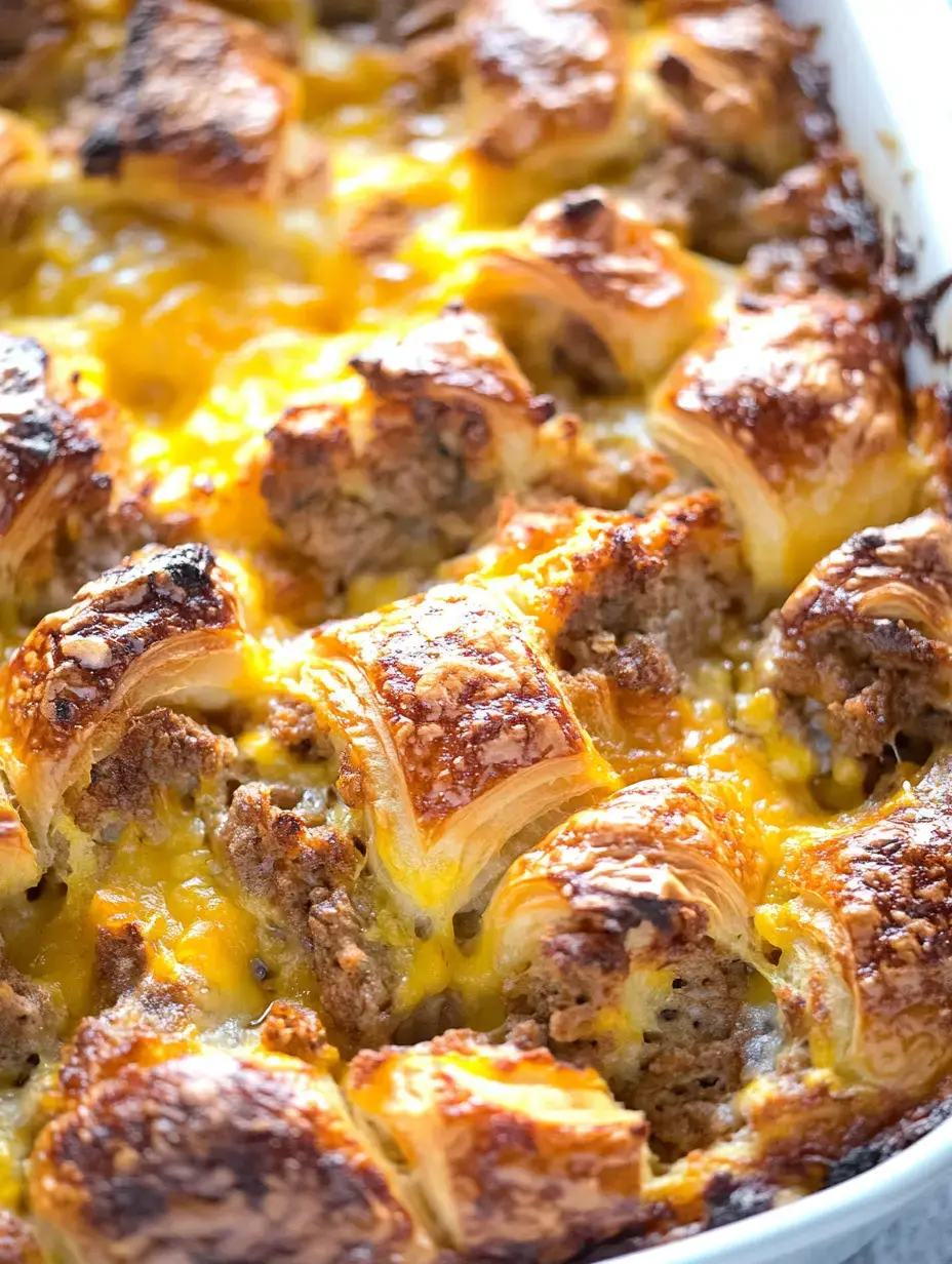 A close-up of a baked dish featuring golden flaky pastry filled with sausage and melted cheese.