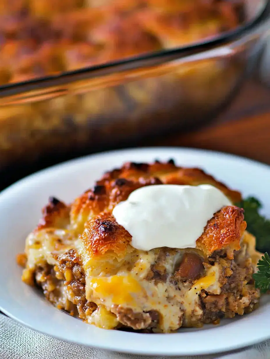 A serving of cheesy casserole topped with sour cream, sitting on a white plate beside a green garnish, with a baking dish in the background.