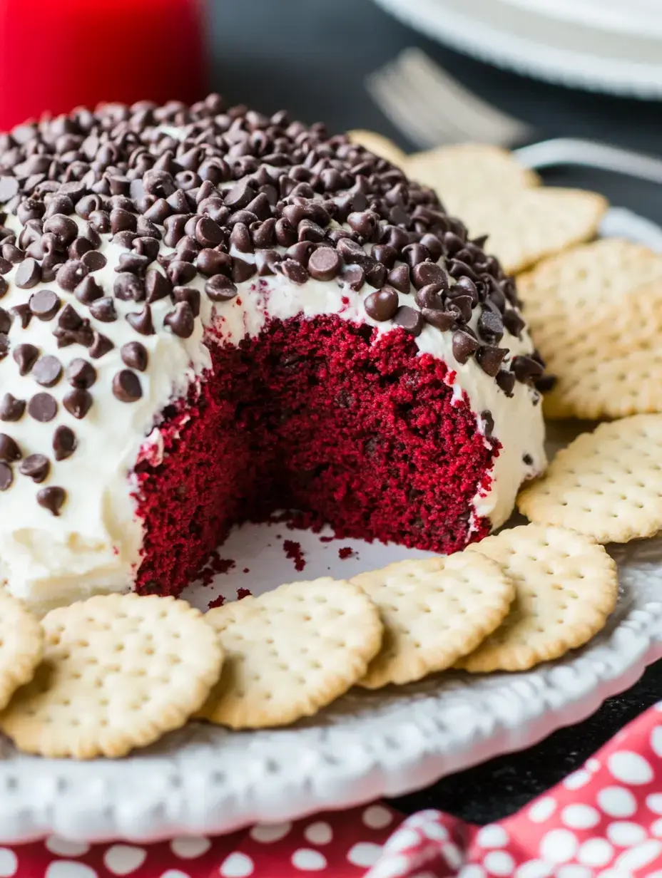 A red velvet cake topped with whipped cream and chocolate chips, partially sliced, is surrounded by round crackers on a decorative plate.