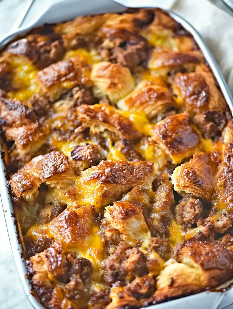 A golden-brown, baked casserole featuring croissant pieces, ground meat, and melted cheese.