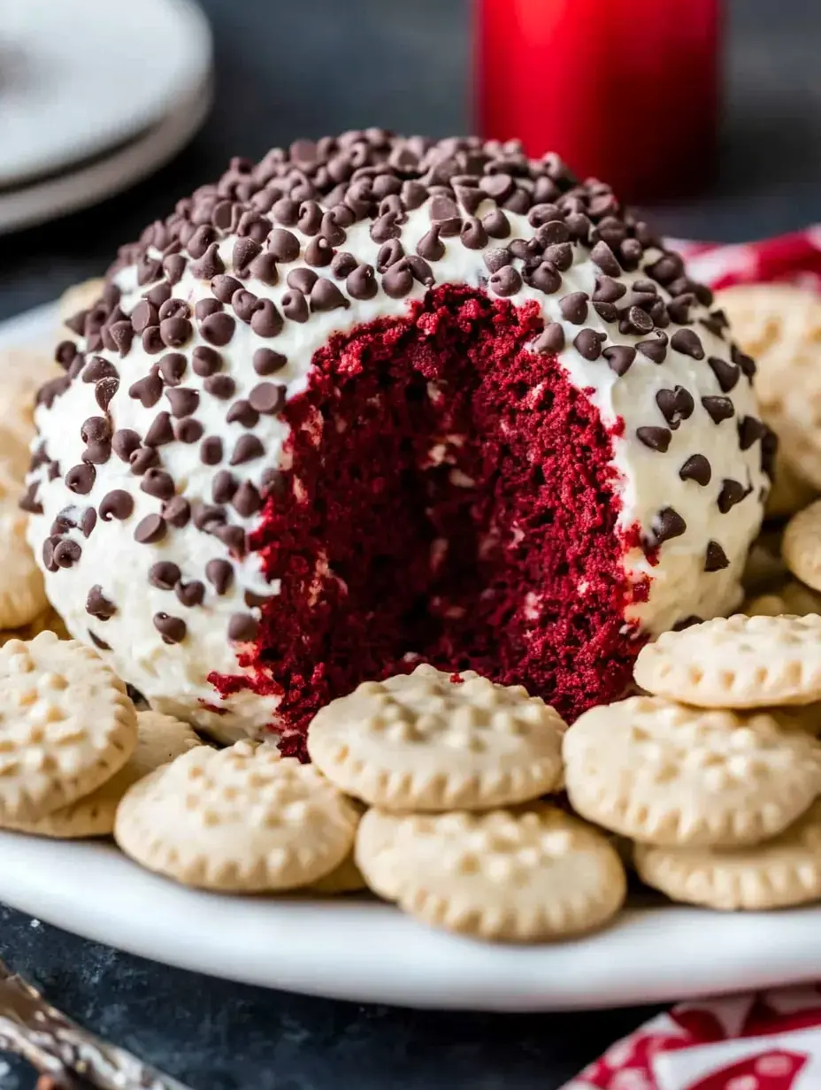 A red velvet cake ball, covered in white icing and chocolate chips, is partially sliced open and surrounded by beige cookies on a white plate.