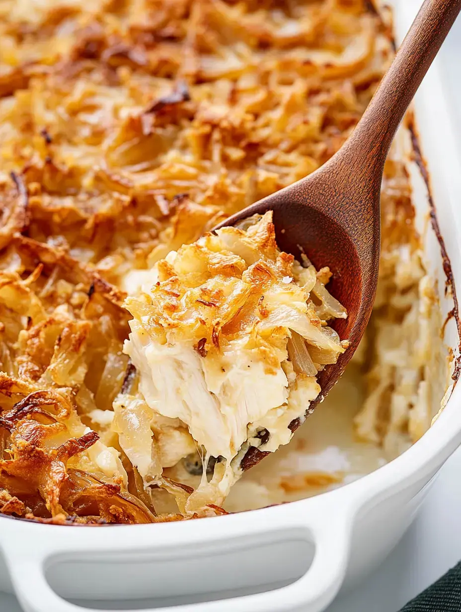 A wooden spoon lifts a portion of a golden-brown casserole from a white dish, revealing layers of creamy filling and crispy topping.