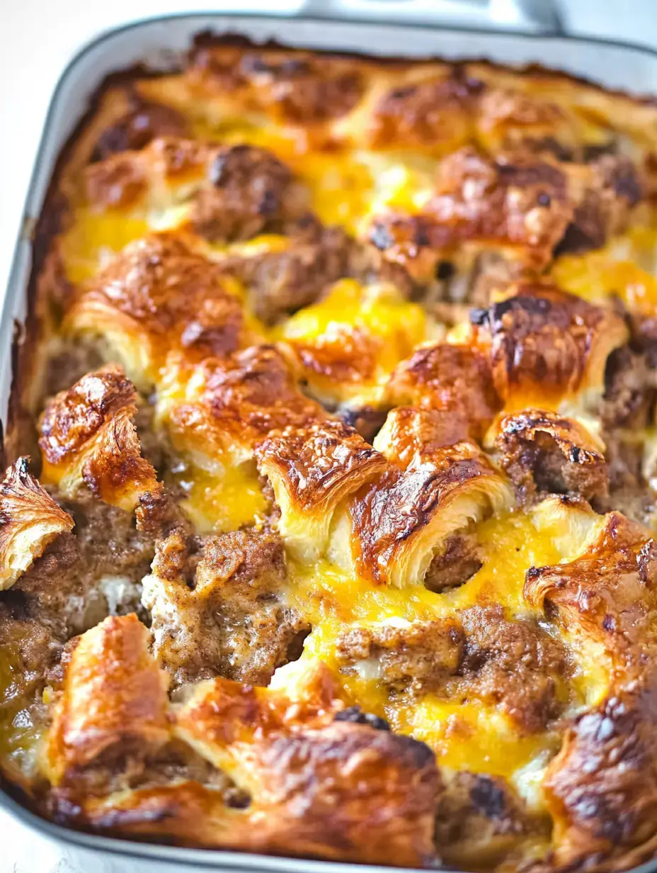 A close-up of a golden-brown baked casserole with layers of croissant pieces, ground sausage, and melted cheese.