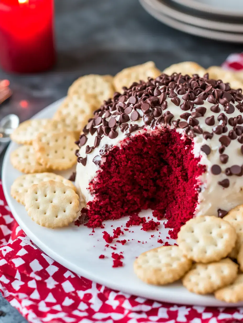 A red velvet cake coated with cream cheese frosting and chocolate chips, served with round crackers on a white plate.