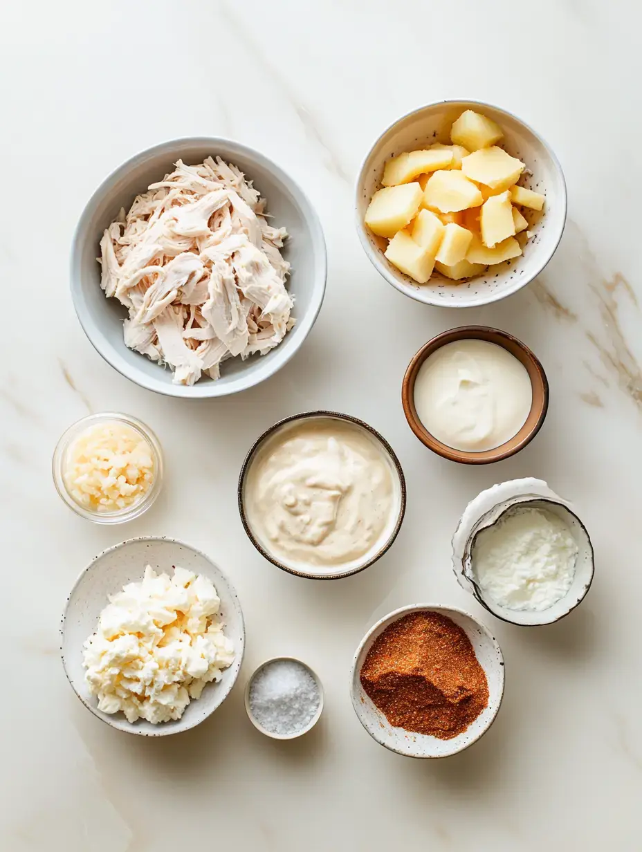 A variety of ingredients including shredded chicken, diced potatoes, sour cream, yogurt, cheese, seasoning, and salt are arranged in small bowls on a light surface.