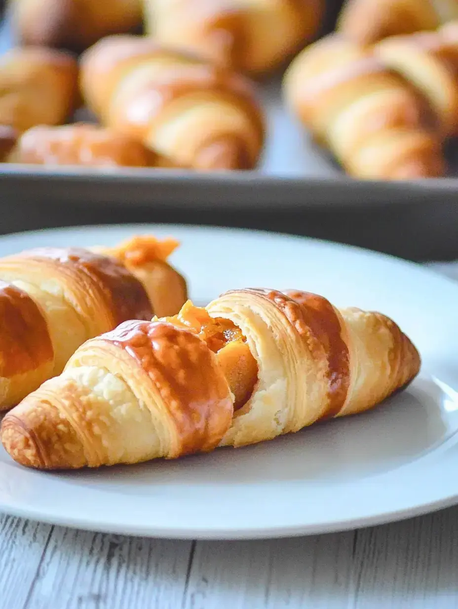 A plate of golden-brown croissants filled with a sweet filling, with more croissants in the background.