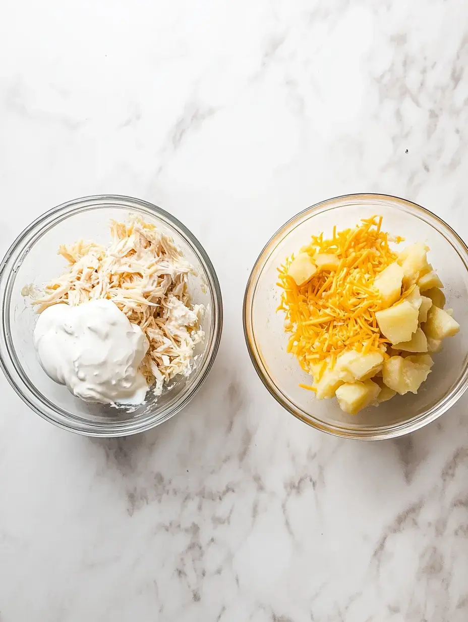 Two glass bowls on a marble surface contain shredded chicken mixed with sour cream on the left and shredded cheese with chunks of potatoes on the right.