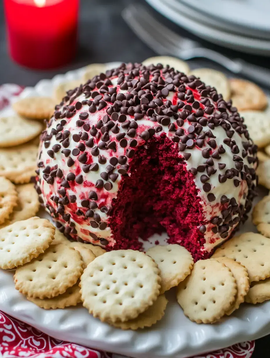 A red velvet cake ball covered in white frosting and chocolate sprinkles is displayed on a platter surrounded by round crackers.