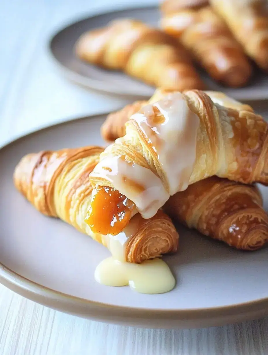 A close-up of a flaky croissant drizzled with icing and filled with a fruit jam, resting on a light-colored plate.