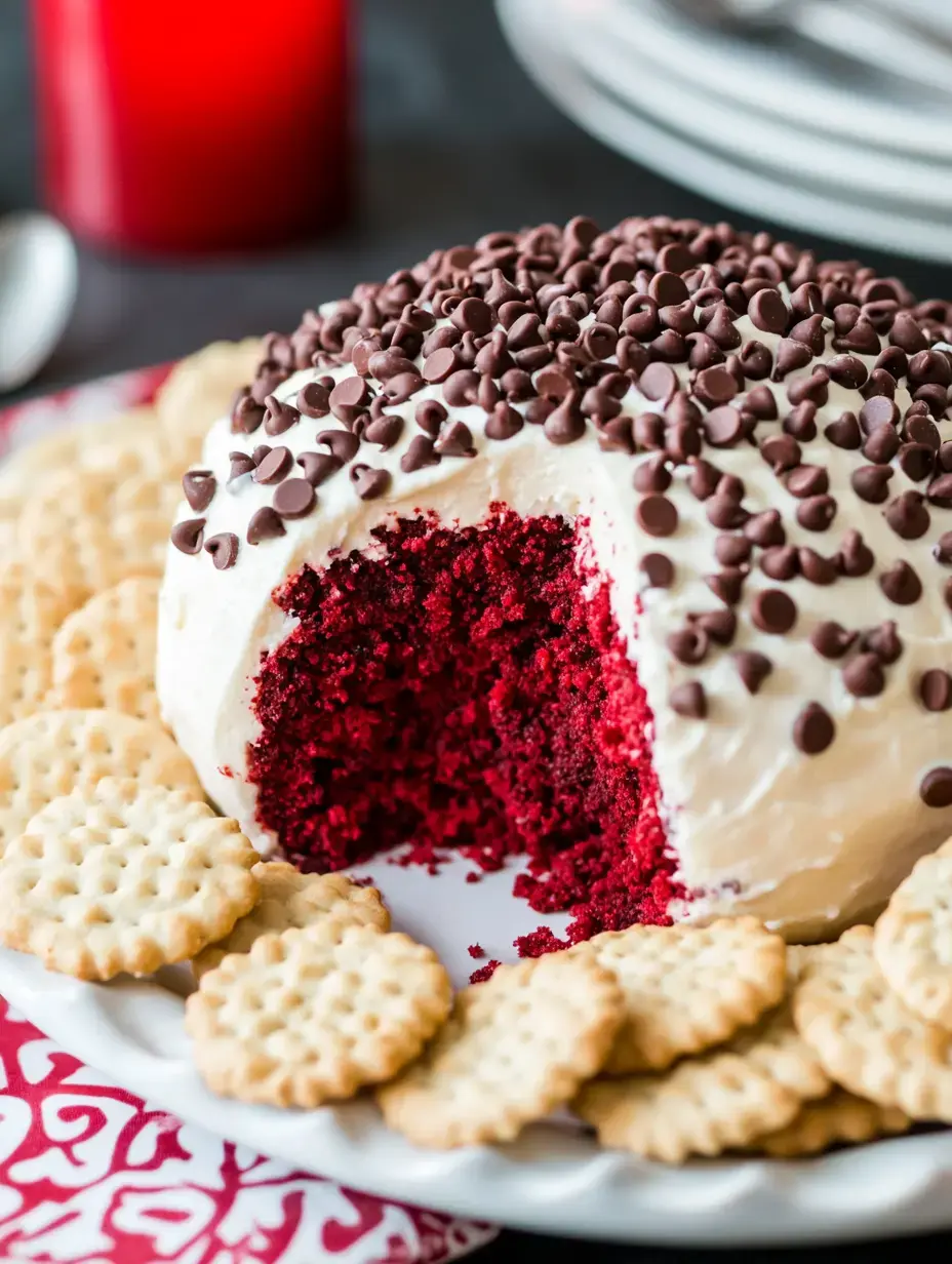 A red velvet cake shaped like a ball, topped with chocolate chips, is surrounded by decorative circular crackers.