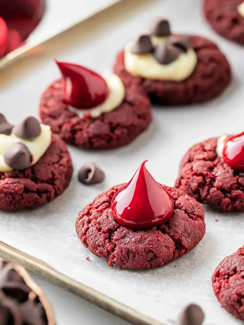 A tray of red velvet cookies topped with cream cheese frosting and red chocolate kisses, alongside semi-sweet chocolate chips.