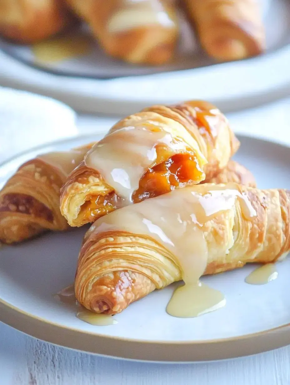 A plate of flaky croissants drizzled with a sweet glaze, with one croissant revealing a shiny, fruity filling.