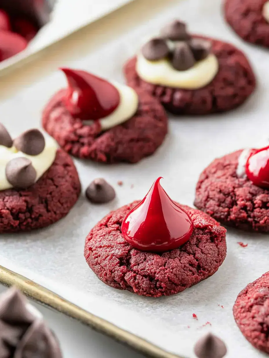 A tray of red velvet cookies topped with cream and chocolate chips, featuring glossy red frosting peaks.