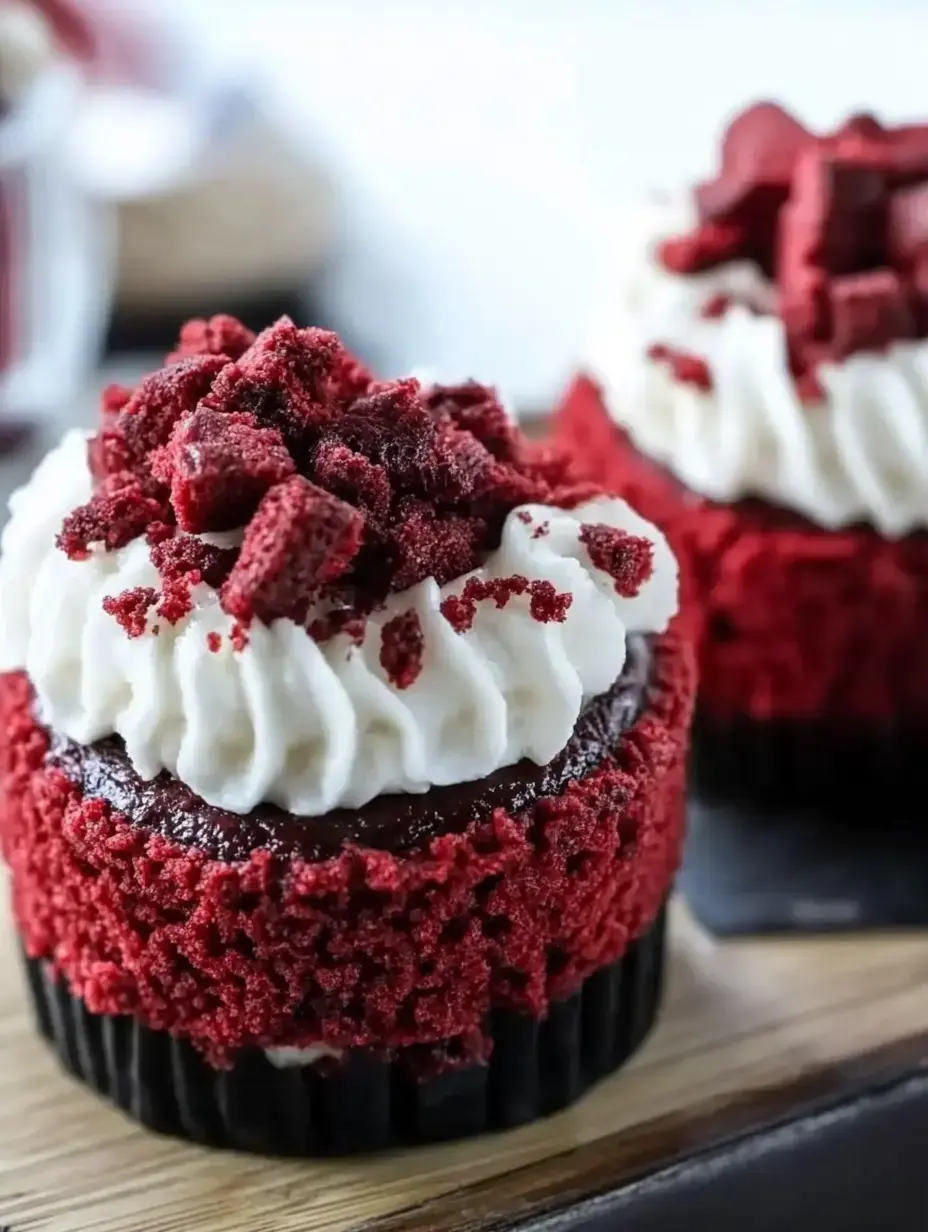 Two red velvet cupcakes topped with whipped cream and crumbled red velvet cake.