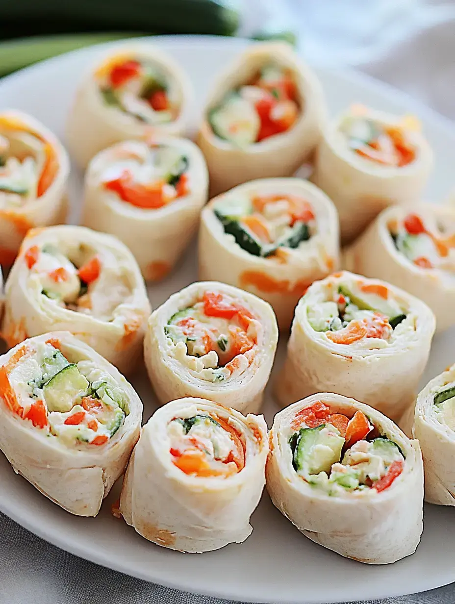 A plate of rolled tortilla wraps filled with colorful vegetables and creamy filling.