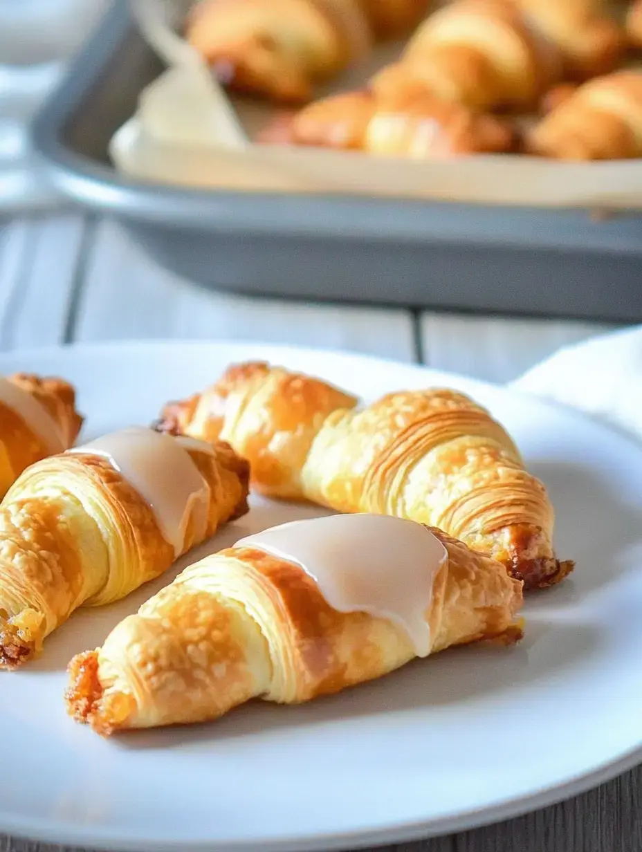 A plate of glazed croissants is displayed, with additional croissants in the background on a baking tray.