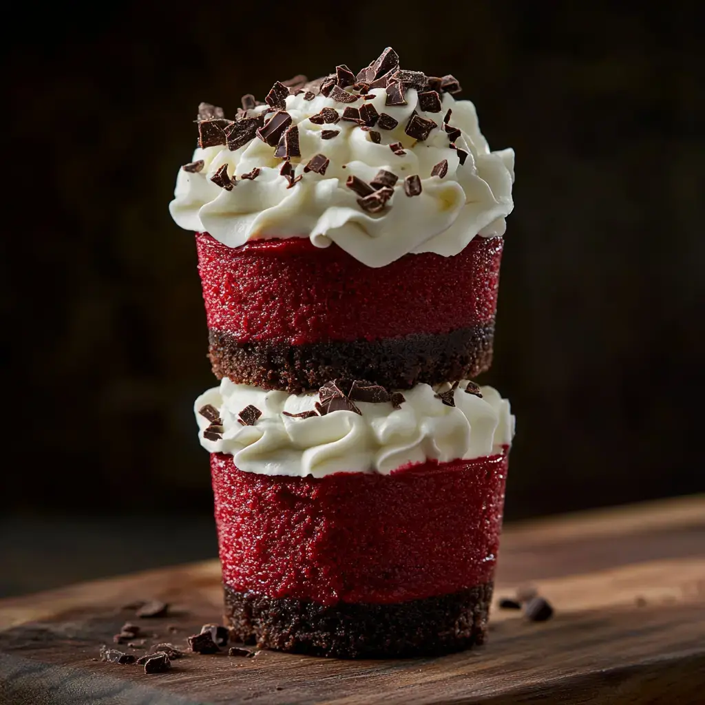 A stack of two red velvet cupcakes topped with whipped cream and chocolate shavings, resting on a wooden surface.