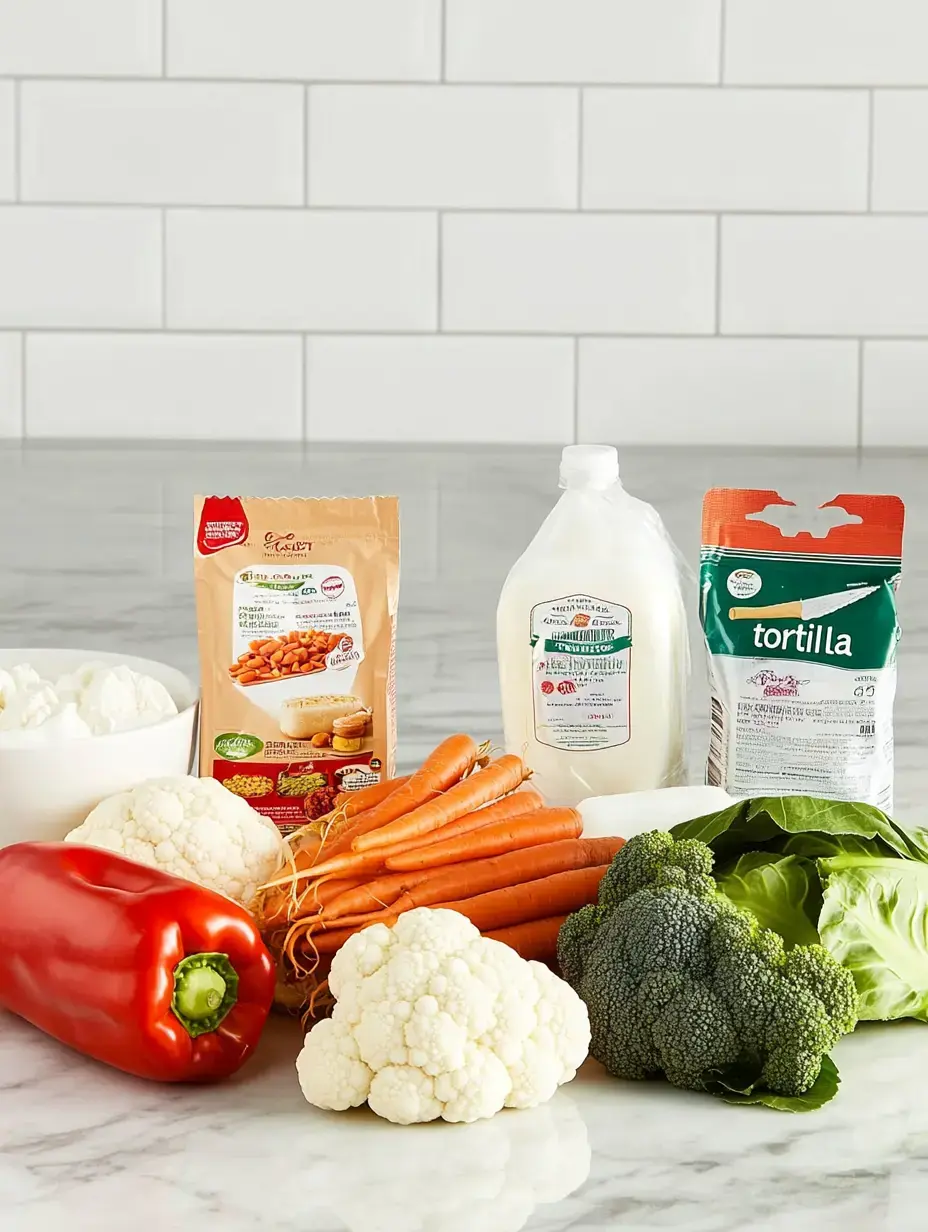 A variety of fresh vegetables, including carrots, cauliflower, broccoli, and a red bell pepper, are arranged on a marble countertop alongside milk and packaged food products.