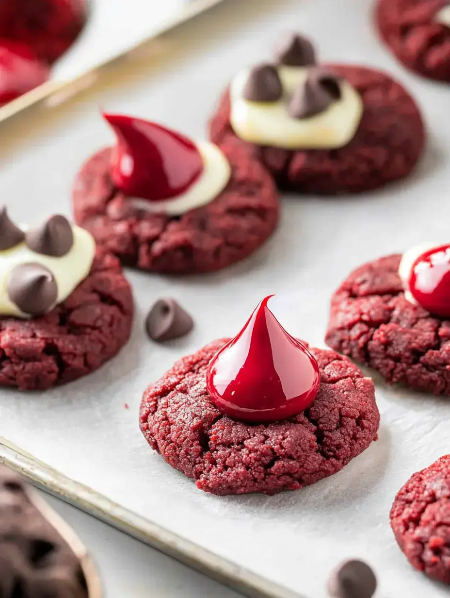 A tray of red velvet cookies topped with white frosting, chocolate chips, and a glossy red candy.