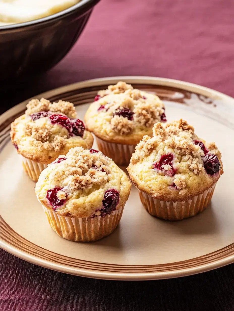 Three cranberry muffins with crumb topping are plated on a brown dish, with a mixing bowl in the background.