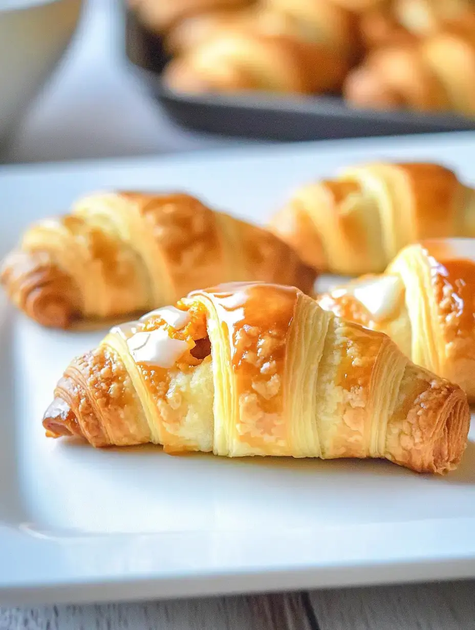 A close-up of golden, flaky croissants drizzled with a sweet glaze, served on a white plate with more croissants in the background.