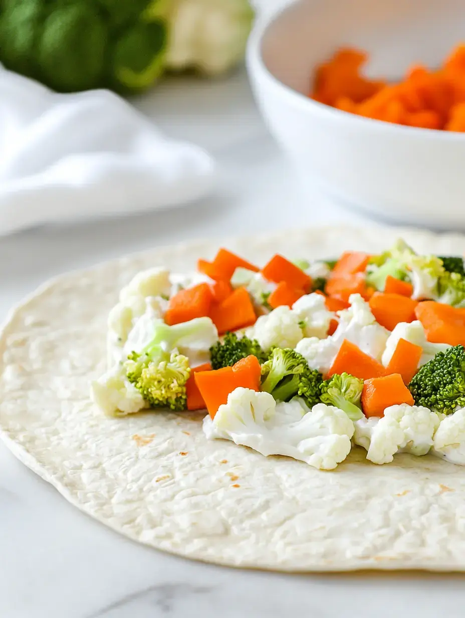 A tortilla is filled with chopped broccoli, cauliflower, and diced carrots, with a bowl of additional diced carrots in the background.