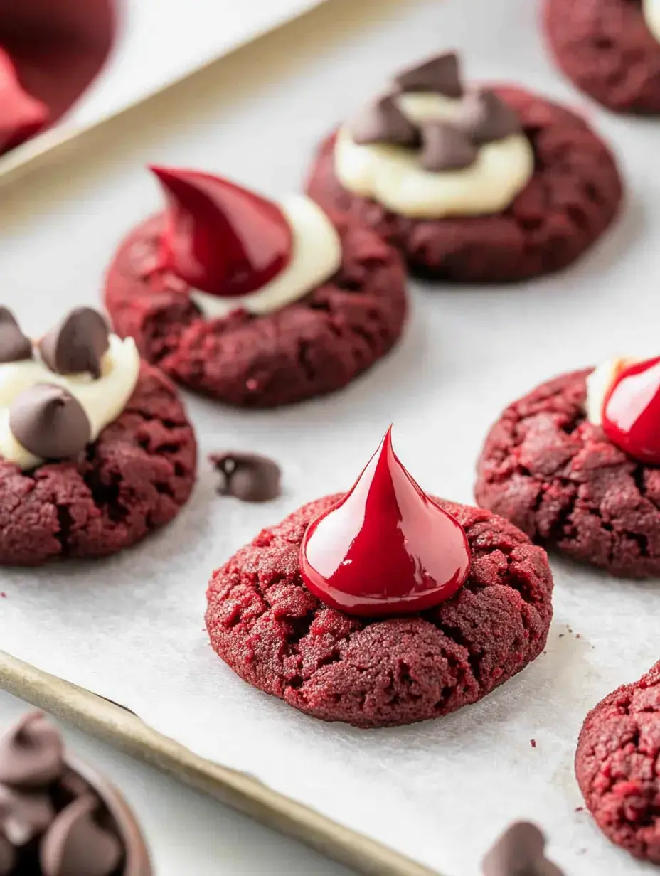 A close-up of red velvet cookies topped with swirls of cream and red candy accents, arranged neatly on parchment paper.