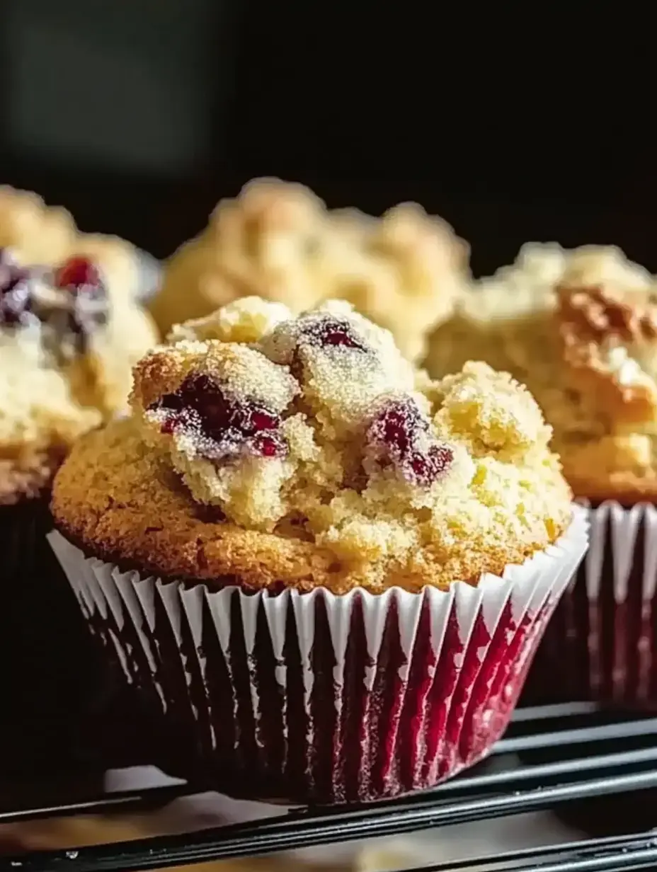 A close-up of freshly baked muffins topped with crumbly streusel and bits of dried fruit, displayed against a dark background.