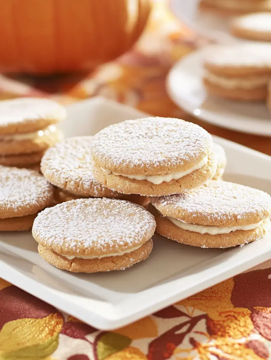 A plate of powdered sugar-dusted sandwich cookies filled with cream, with a pumpkin in the background.