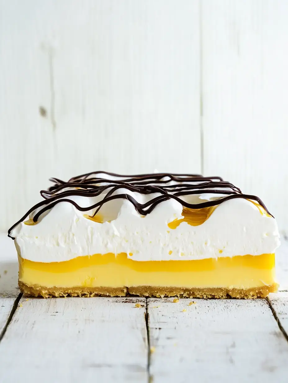 A layered dessert featuring a bottom graham cracker crust, a smooth yellow custard filling, whipped cream topping, and drizzled chocolate.