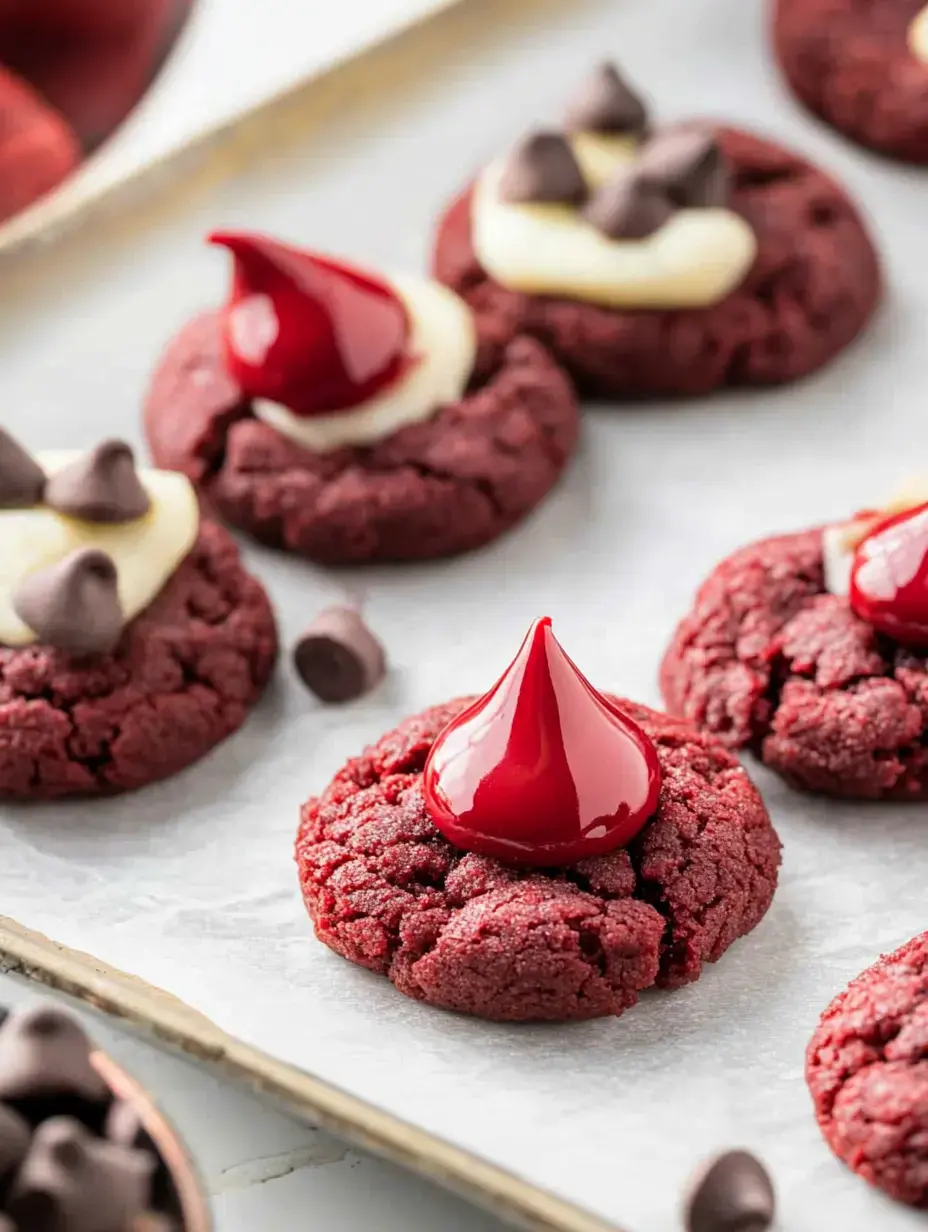 A tray of red velvet cookies topped with a glossy red candy and surrounded by chocolate chips.