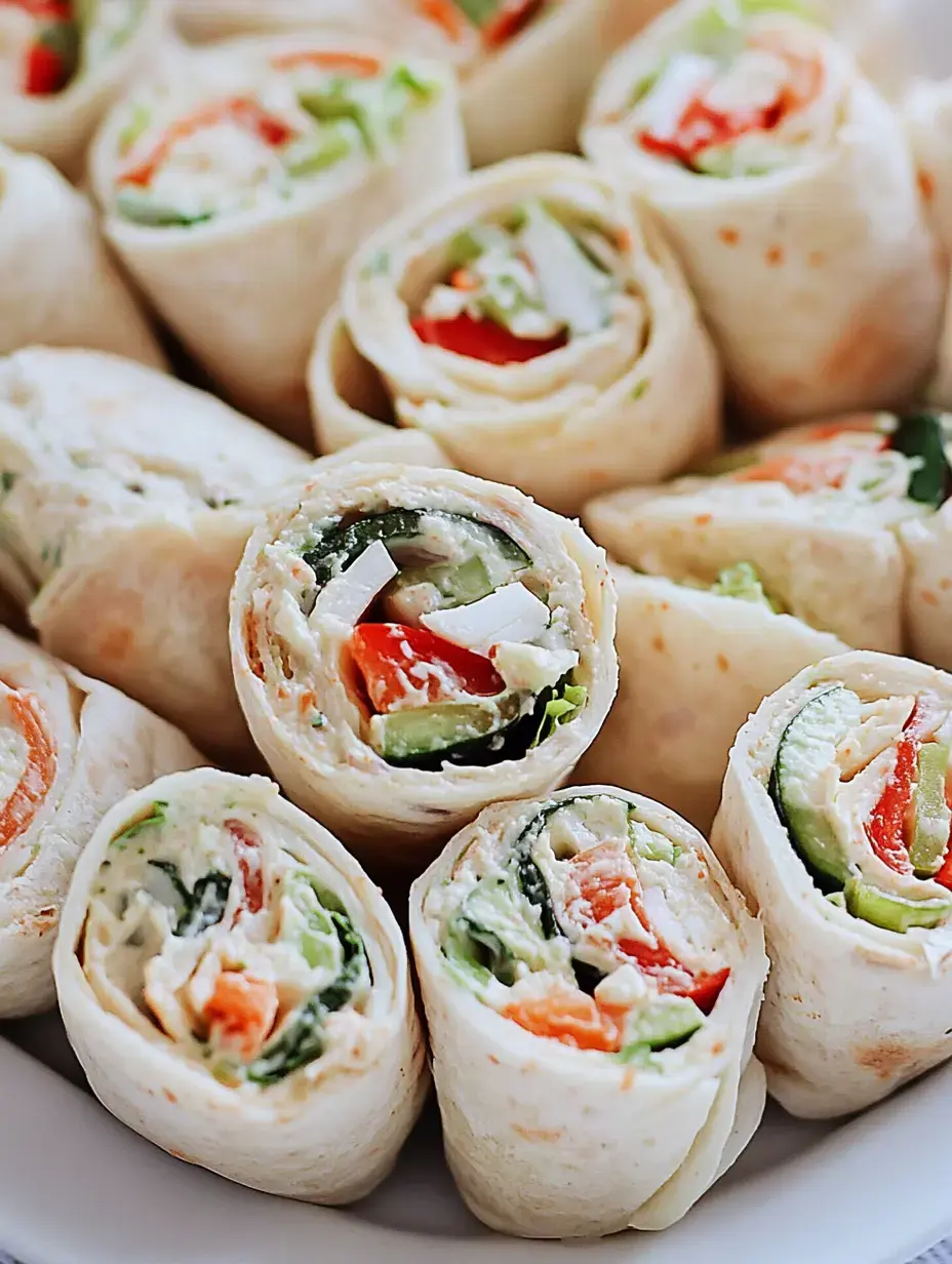 A close-up of a platter filled with rolled tortillas stuffed with colorful vegetables and creamy filling.