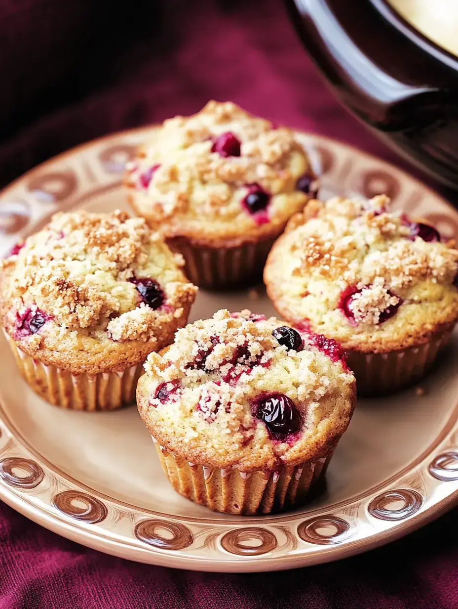 A plate of freshly baked muffins topped with crumbly streusel and filled with cranberries.