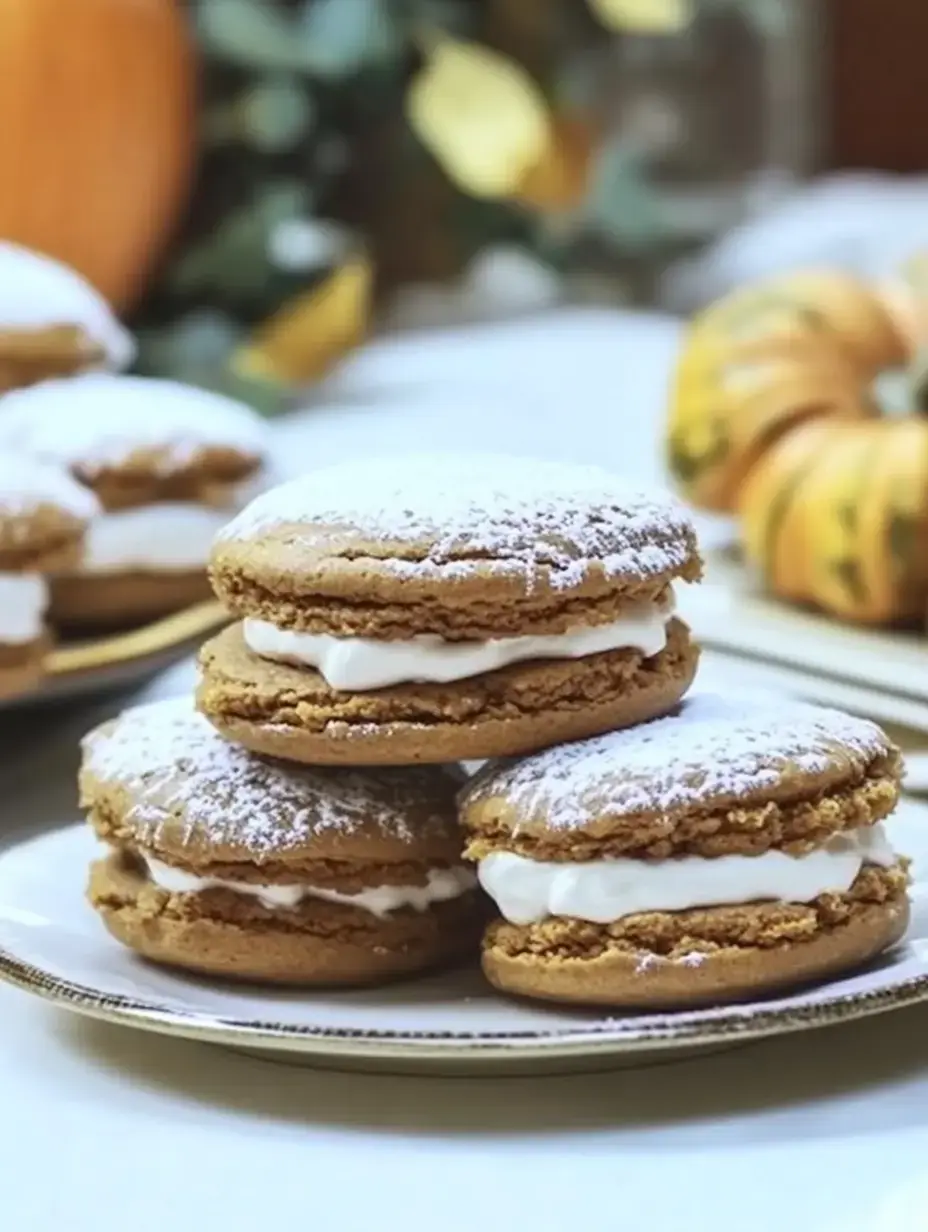 A plate of three cream-filled cookies, dusted with powdered sugar, is set against a cozy autumn backdrop with pumpkins and greenery.