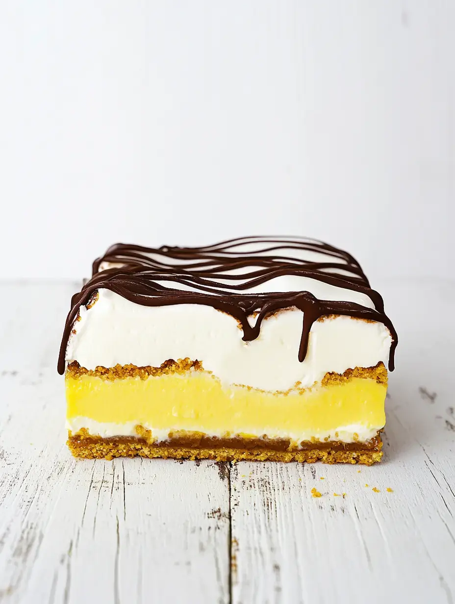 A layered dessert featuring yellow custard, whipped cream, and a chocolate drizzle on top, displayed on a white wooden surface.