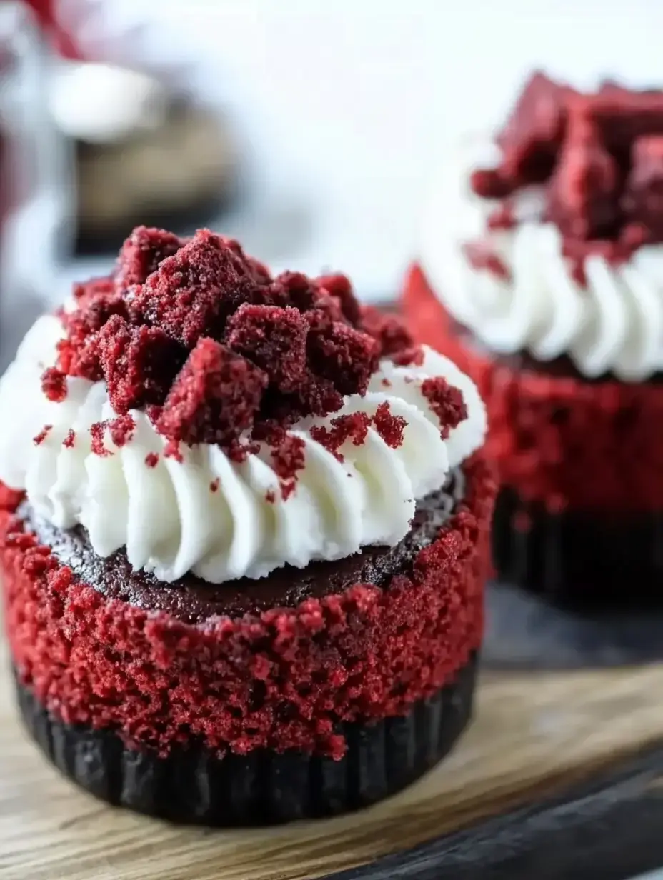 A close-up image of red velvet cupcakes topped with cream cheese frosting and crumbled red velvet cake.