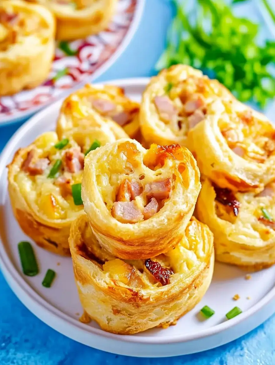 A plate of golden-brown pastry rolls filled with diced ham and cheese, garnished with chopped green onions.