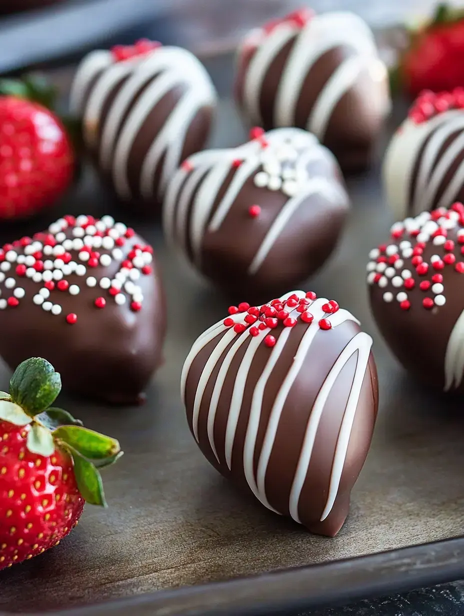 A close-up image of chocolate-dipped strawberries decorated with white chocolate drizzle and red and white sprinkles on a dark platter.