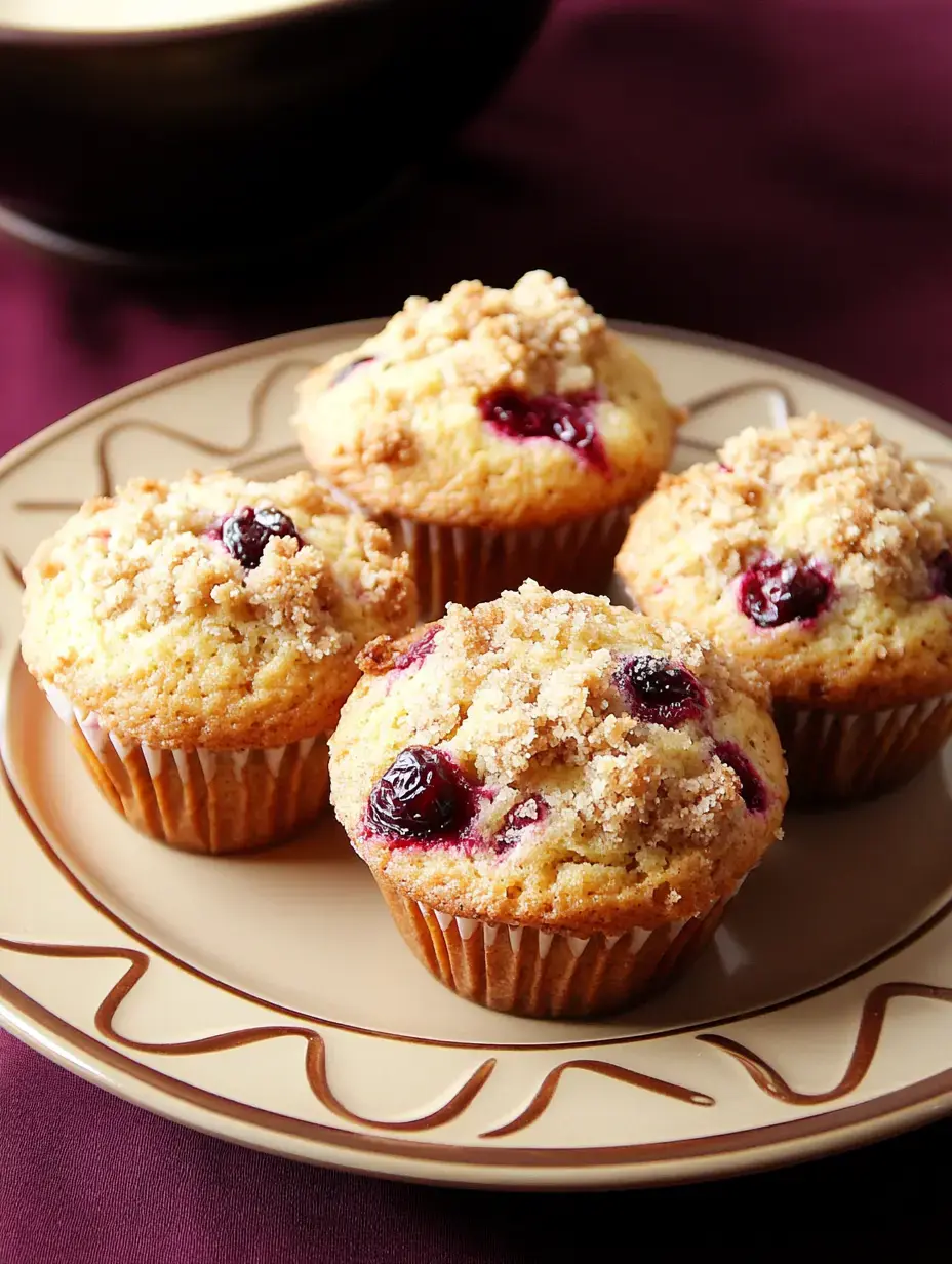 Four freshly baked blueberry muffins with crumb topping are displayed on a decorative plate against a dark background.