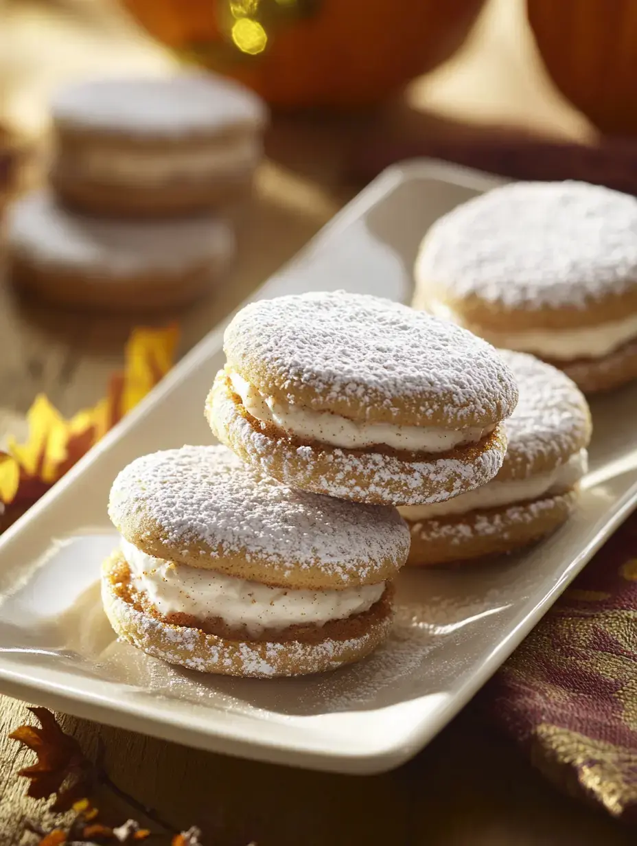 A plate of powdered sugar-dusted cream-filled cookies is displayed, surrounded by autumn-themed decorations.