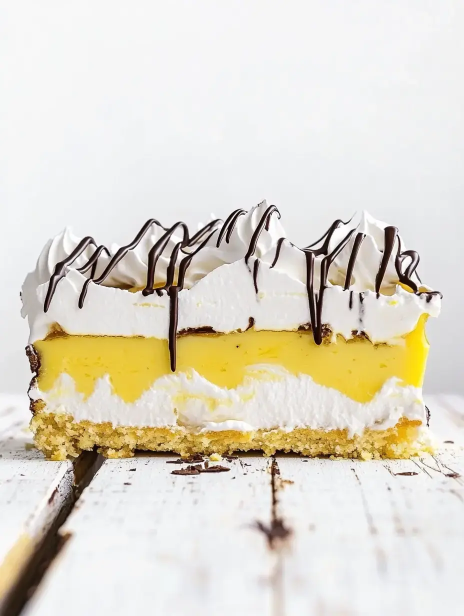 A cross-section of a layered dessert featuring yellow custard, whipped cream topping, and a chocolate drizzle on a crumbly crust.