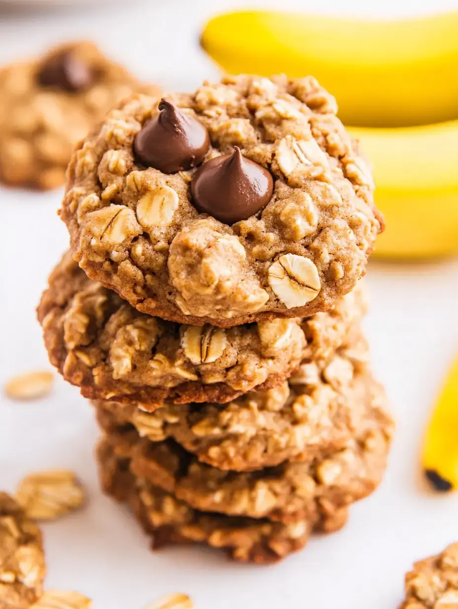 A stack of oatmeal cookies with chocolate chips is displayed alongside ripe bananas.