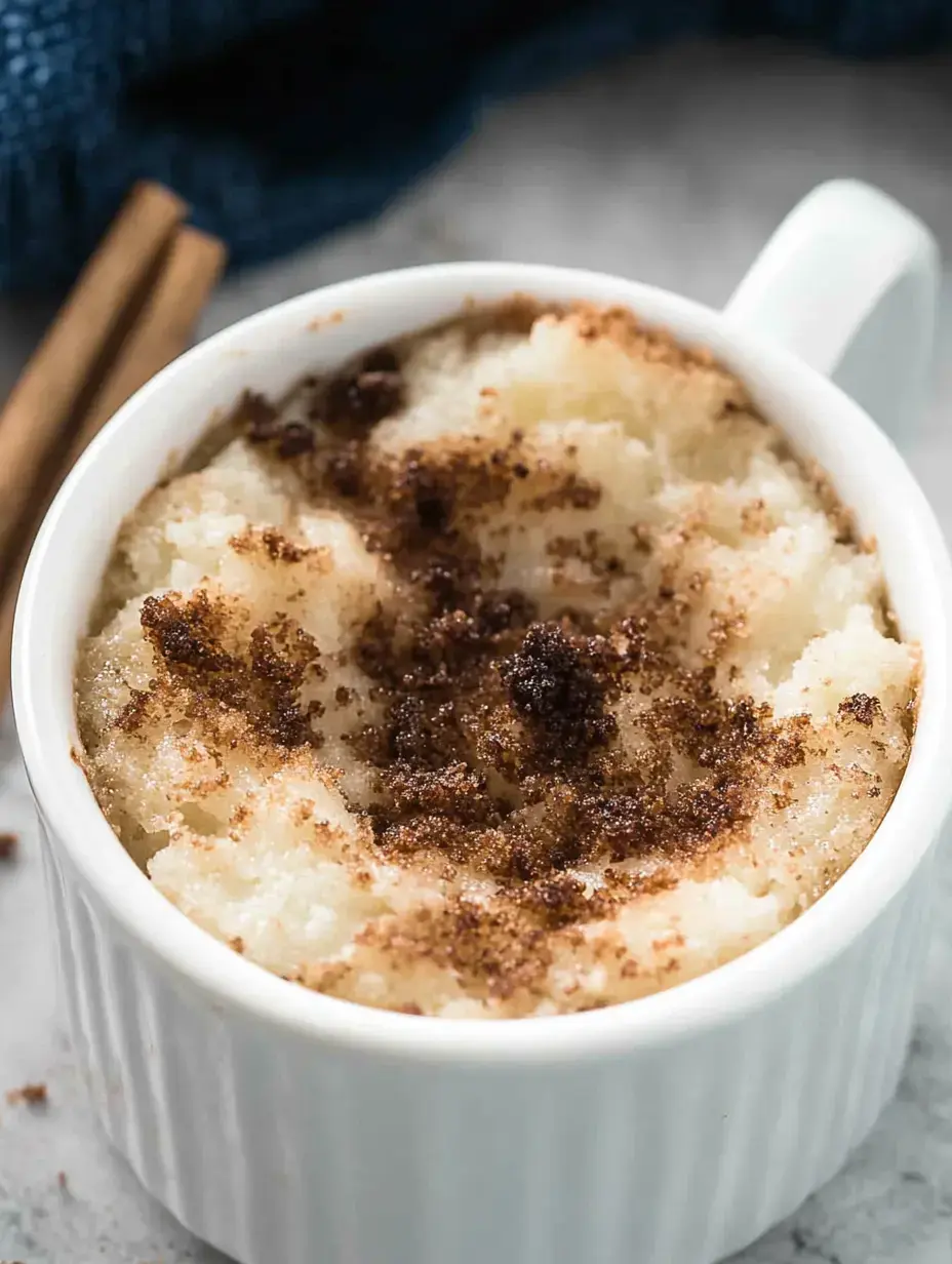 A white ramekin filled with a fluffy dessert topped with brown sugar and cinnamon.