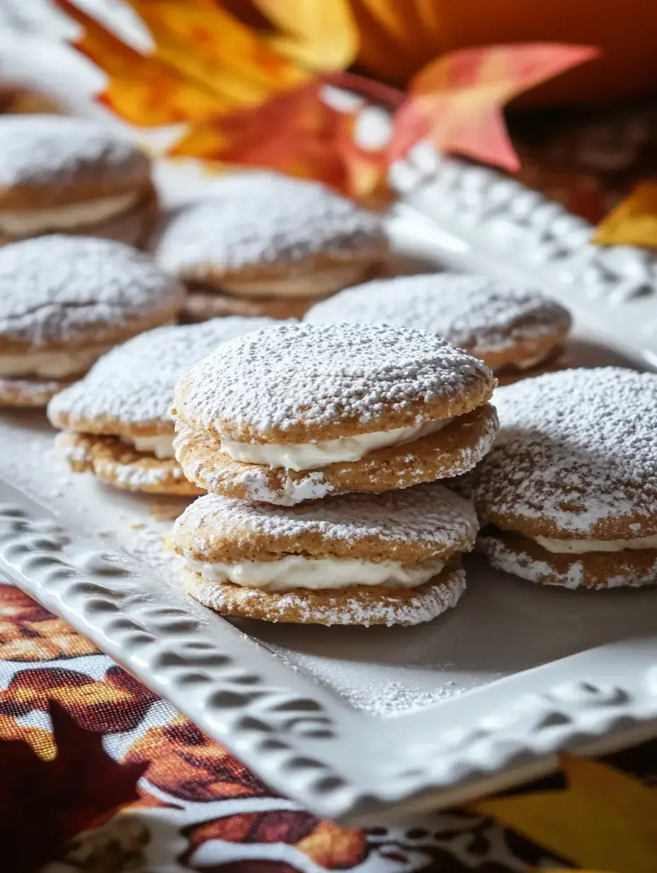 A platter of powdered sugar-dusted cookies filled with cream, set against a backdrop of autumn leaves.